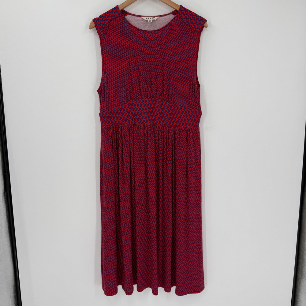 Boden Thea Sleeveless Midi‎ Dress Red Blue Geo Print Pockets US 12P